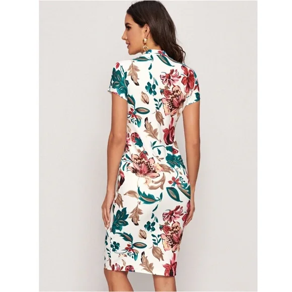 Floral Pattern White Slim Dress Knee Length - Picture 2 of 9